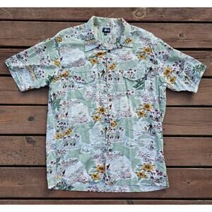 Stussy Hawaiian shirt Men Size XL Paradise Floral Short Sleeve Mint Street wear